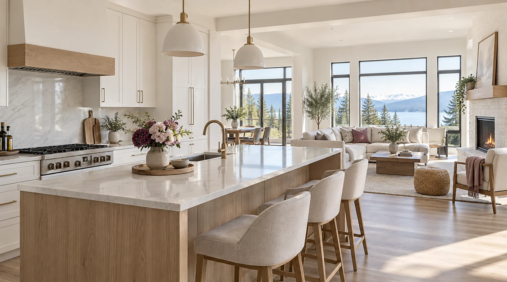 A bright kitchen and living space with warm natural finishes