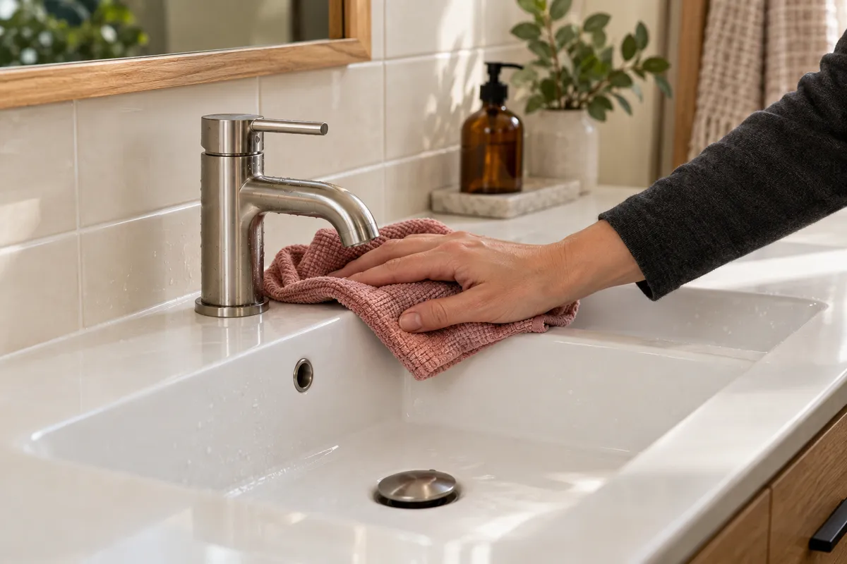 A microfiber cloth used to carefully clean a bathroom sink and faucet
