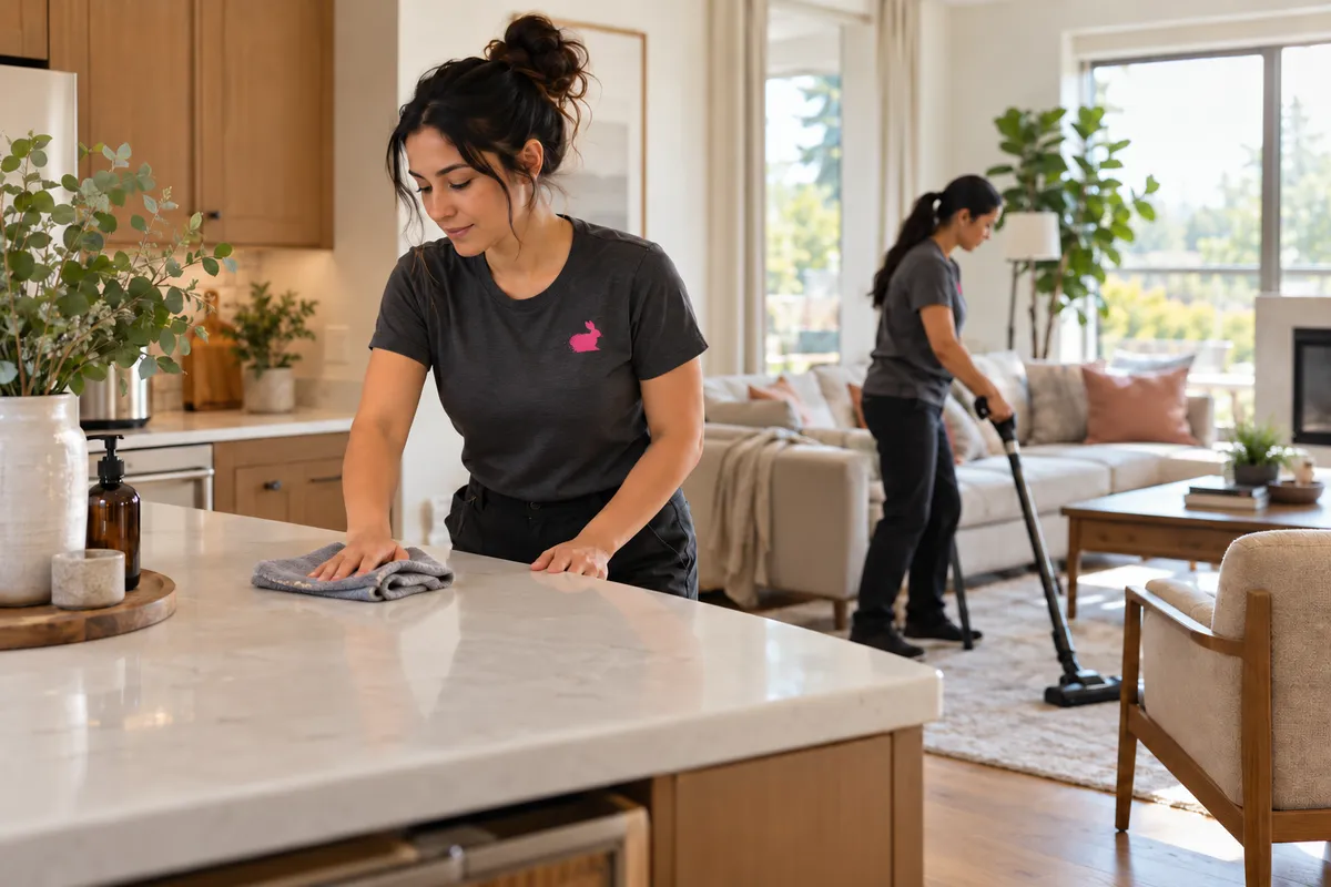Two cleaners wiping a kitchen island and vacuuming an adjoining living room